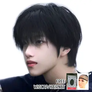 Wig Pria Korea Rambut Pendek Dengsn Poni Panjang Warna Hitam Natural Alami Gratis Wigcap / Hairnet