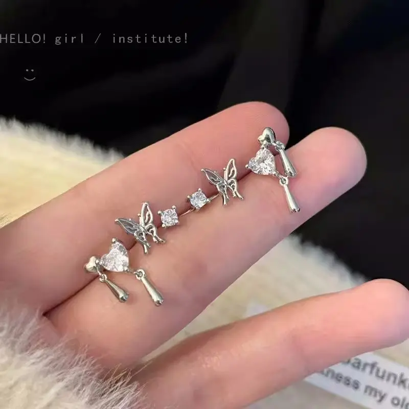 Marlee - Earrings Anting  Set Tusuk Tindik Perak Silver 6 Pcs Aesthetic Aksen Butterfly zircon heart kupu-kupu Mutiara Hati Kristal aksesoris fashion Mewah Elegan Wanita Korean Japan Style [D3-5]