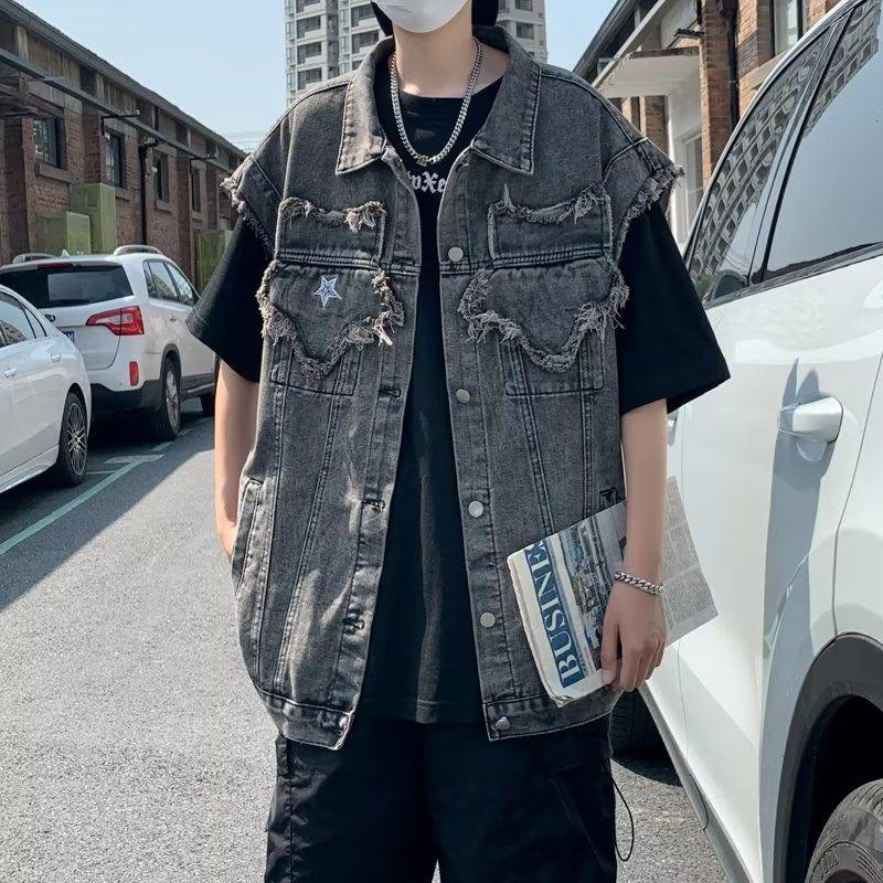 Áo Ghi Lê Denim, Màu Xám, Thương Hiệu Thời Trang Cổ Điển Phong Cách Nhật Bản, Dành Cho Nam Và Nữ, Có Miếng Dán XINGX, Áo Ghi Lê Không Tay Áo Khoác Rụng 2