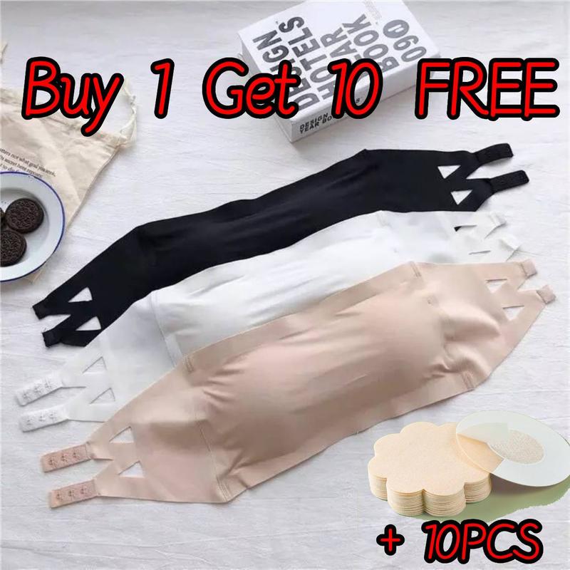 【1PCS Bra+10PCS Chest Paste 】3 Colour Women's Strapless Ice Silk ...