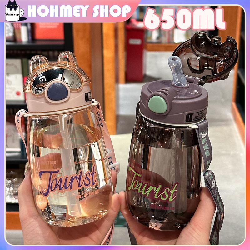 Bình nước trẻ em 550ml nhựa an toàn, bình nước có ống hút silicon nắp cáo siêu yêu, có quai đeo.