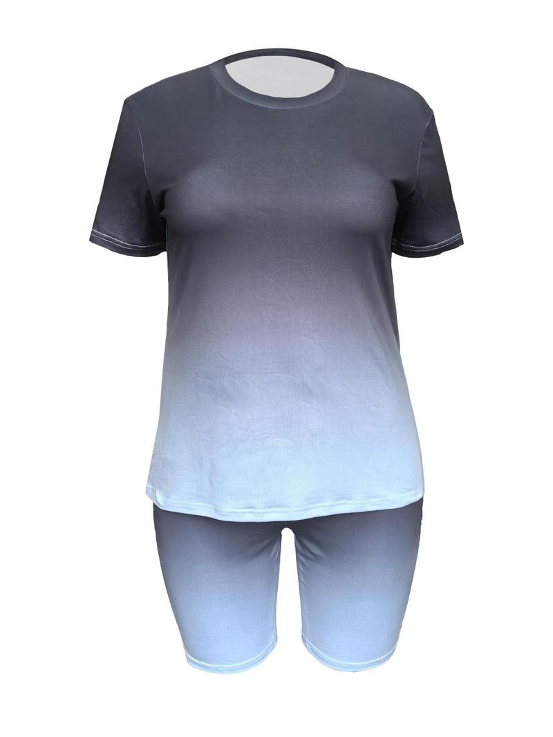 Product Introduction of 【Plus Size】 Ombre Print Tee & Shorts Two-piece Set, Casual Round Neck Short Sleeve T-shirt & Shorts, Women's Two-piece for Spring & Fall, Womenswear 6