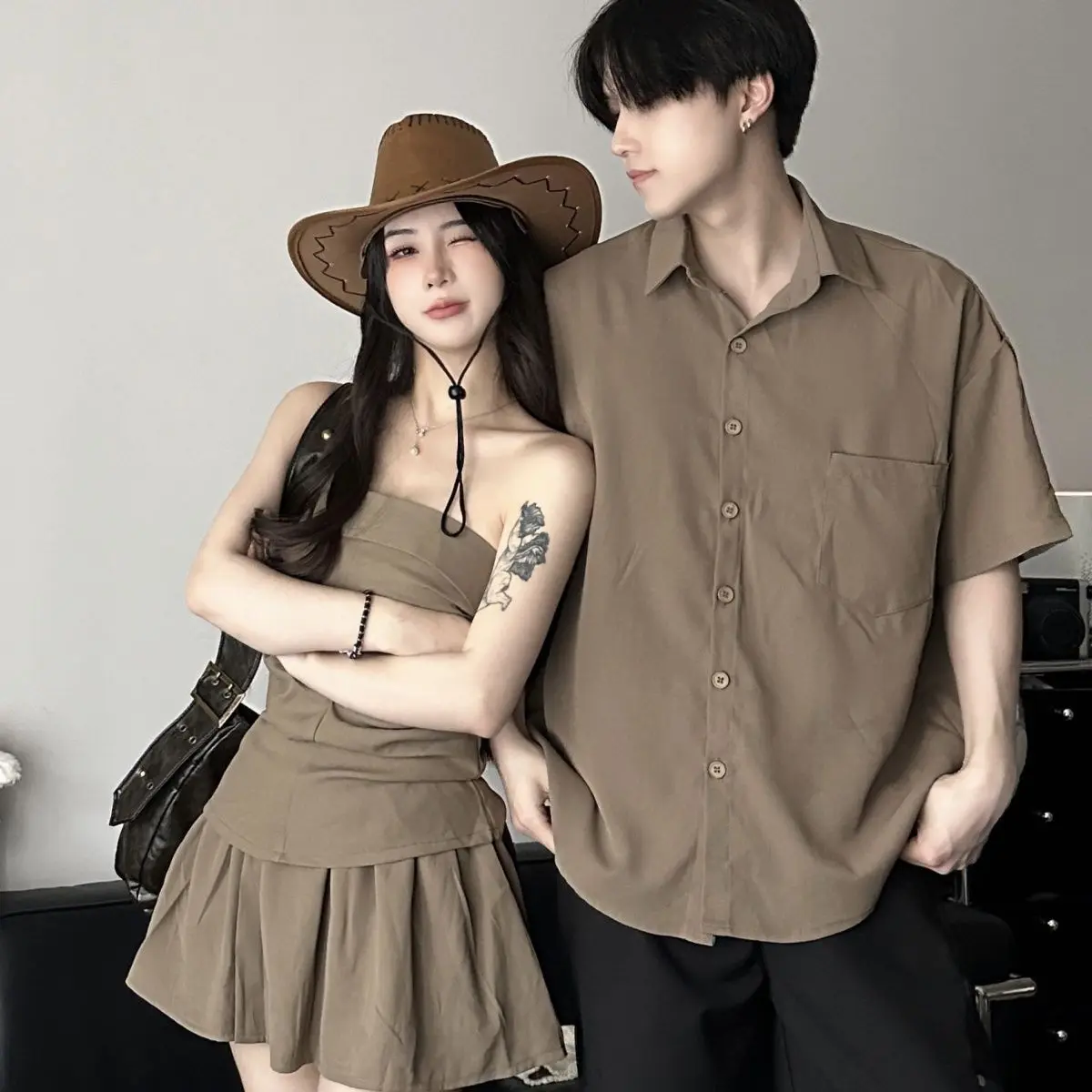 Trang Phục Mùa Hè Cho Cặp Đôi, Áo Sơ Mi ngắn Tay, Phong Cách Pháp, Váy Không Dây Cao Cấp, Thanh Lịch Và Bó Sát, Bộ Váy Và Áo Sơ Mi Một Mảnh