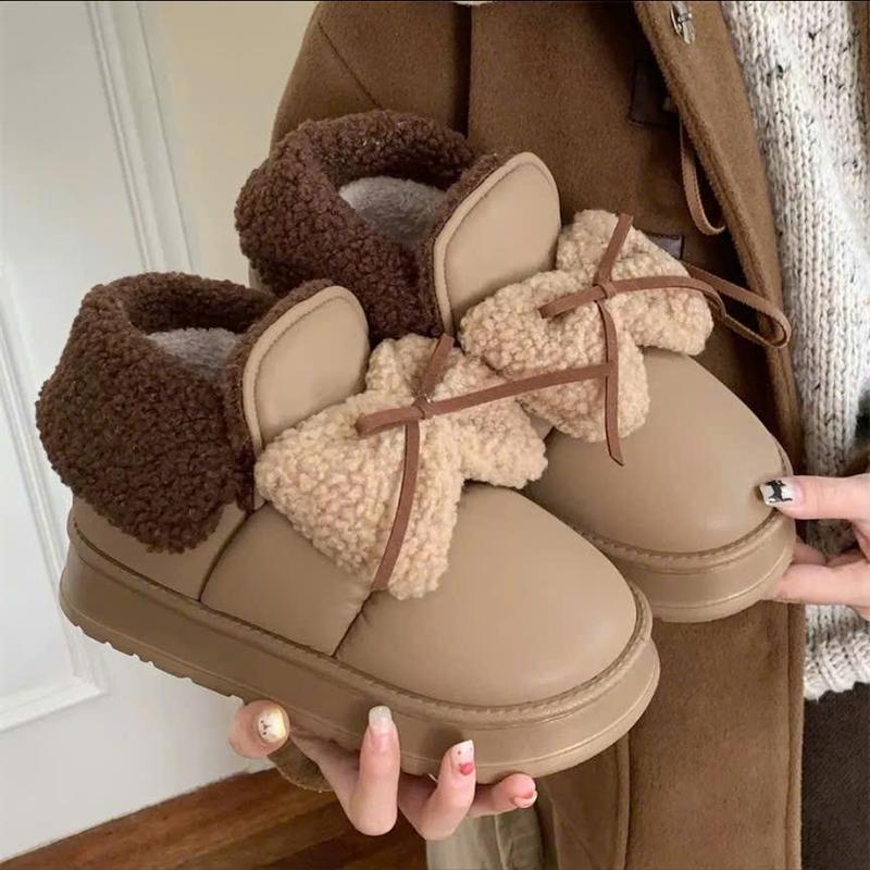 TĂNG 1 SIZE Giày Nữ Lông Cừu Siêu Ấm áp Cổ Cao Đế 4cm Phối Len Nơ Ngọt Ngào Minosa