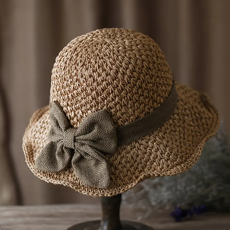 Women's Hat Spring Summer Style Straw Hat Khaki Handwoven Bowknot Pastoral Style Hat Outdoor Beach Elegant Women
