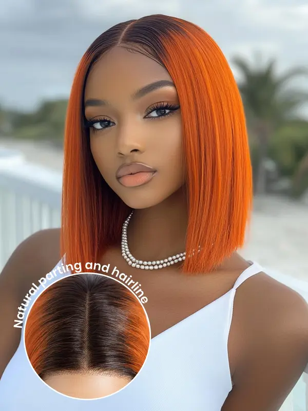 Orange Straight Human Hair Wigs, Glueless T Part Lace Front Wigs, Pre-Plucked Hairline, Natural Looking Wigs for Women 3