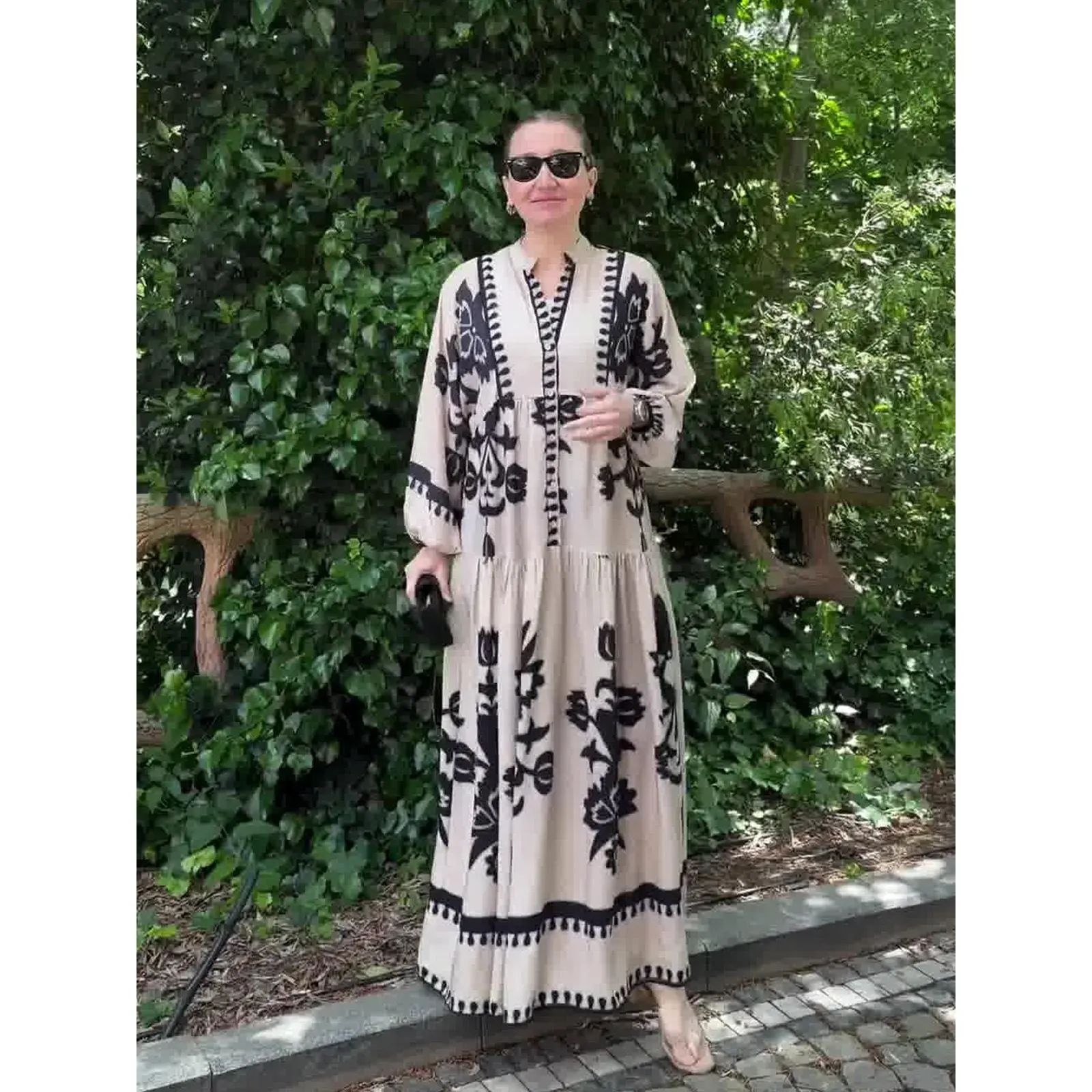 2025 European American Summer New Long Sleeve Dress Casual Women'S Clothing Pullover Print Vintage Pattern Dress
