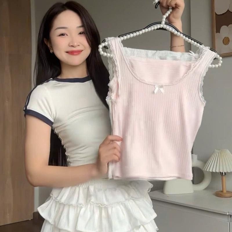 MELLOW-Set bộ đồ ngủ nữ ba lỗ ML03 đính nơ phối ren form basic, thun cotton size S/M/L 2
