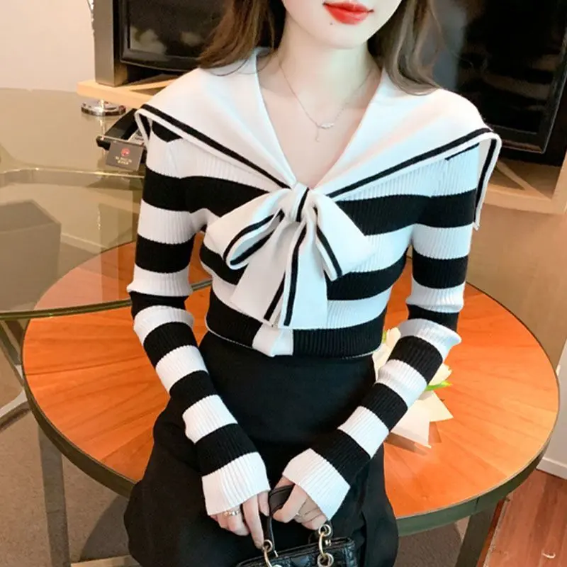 Sọc Cho Nữ, Cổ  Hải Quân, Phong Cách Preppy Mới, Dệt Kim, Thích Hợp Cho Mùa , Dễ Phối Đồ có thể giặt máy  phụ  nữ Top Women đốm trắng đường thêu hàng dệt kim  kẻ ngang đen   real madrid sweater  trễ   tay Dài Tay    nữ quảng châu    love  back áo Tre 7