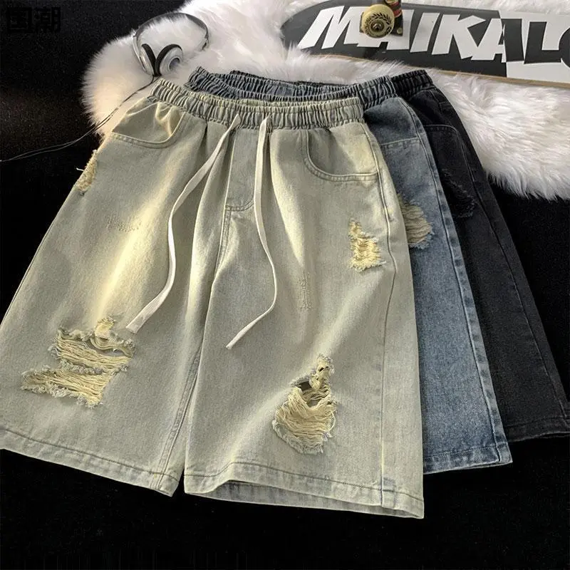 Quần Short Denim Rách, Phong Cách Đường Phố Mỹ Cổ Điển Dành Cho Nữ, Trang Phục Mùa Hè, Xu Hướng Ins, Dáng Rộng Vừa Vặn, Dễ Phối Đồ, Cặp Đôi Thẳng, Quần Short Dài 5 / 8