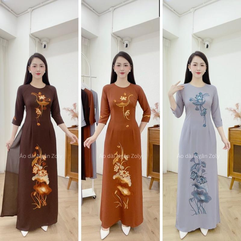 Bộ ÁO DÀI Đi Chùa Vải Tằm Ý Thêu Hoa Sen - Áo Quần Nữ Chất Liệu Mềm Mịn Nhẹ Mặc Thoải Mái Women