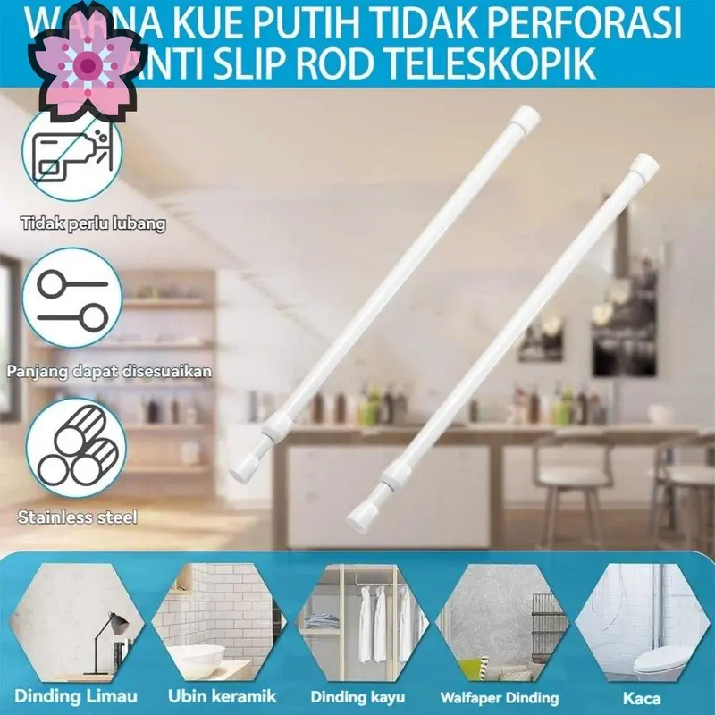 Gantungan Gorden Fleksibel Tanpa Bor - Untuk Kamar Mandi & Jemuran Pakaian - Pemasangan Mudah 2