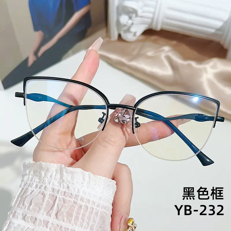 Vintage Metal Round Eyebrow Frame Ultra-light Cat Eye Myopia Glasses Fashionable Internet Celebrity Style Anti-blue Light Half-frame Glasses 5