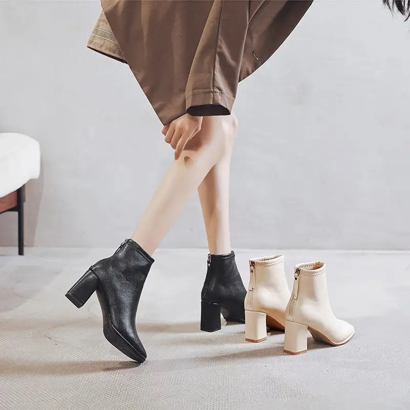 Giày bốt nữ cao cổ da mềm đế cao 7cm công sở phong cách Hàn Quốc  Boot Cao Su Jean Nhung Len