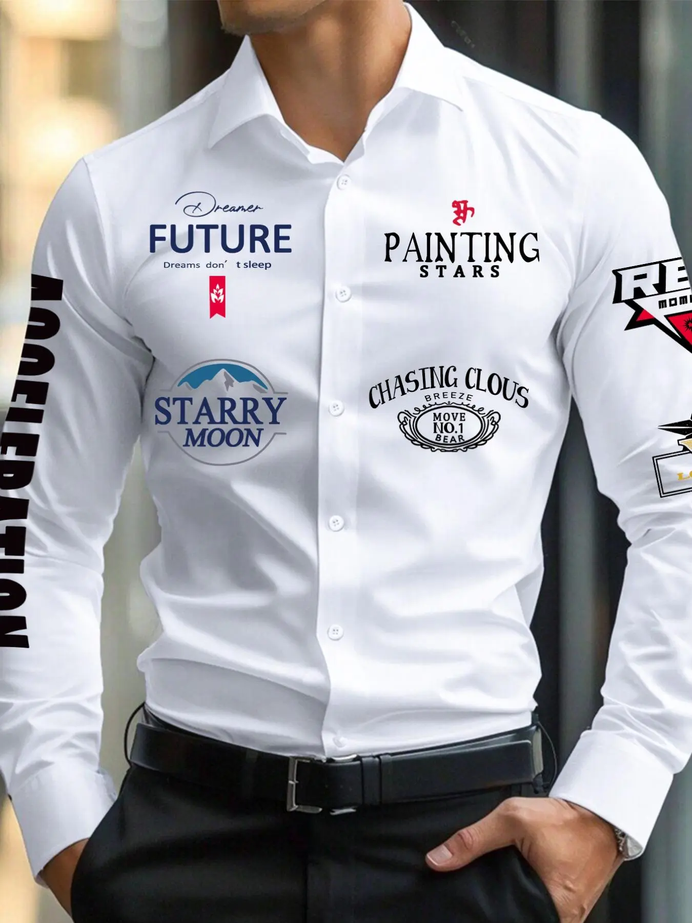 Men's Letter Print Long Sleeve Button Front Shirt, Regular Fit Business Formal Collared Top for Spring & Fall, Men's Clothes for Daily Wear