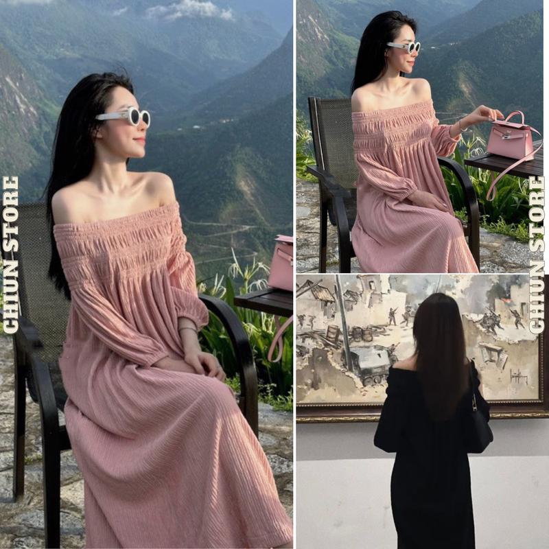 Đầm Bầu Tiệc Hở Vai Xinh Điệu Thời Trang Chất Thun Sần Cao Cấp Dày Dặn - Tặng Tang Nơ Đá Xinh Sang Chiun Store Nữ Women Dress Hồng