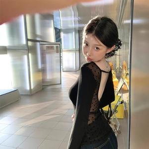 Áo Thun Nữ Tay Dài Không Lưng Mùa Thu, Chấm Bi, Thiết Kế Cô Gái Nóng Bỏng, Màu Đen, Áo Lót Ôm Dáng