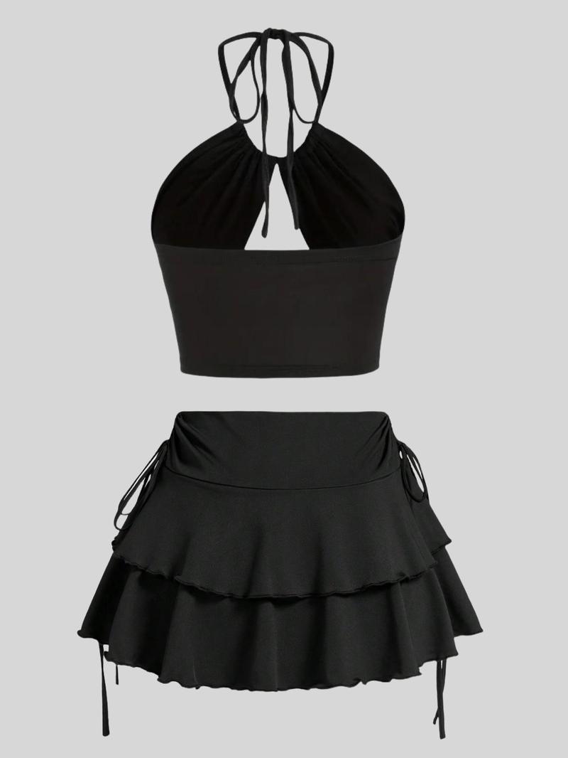 Product Introduction of Women's Solid Ruched Tie Back Halter Top & Ruffle Skirt Set, Sexy Chic Backless Sleeveless Top & Tiered Layer Skirt, Ladies Summer Clothes for Beach Holiday Vacation, Womenswear 2