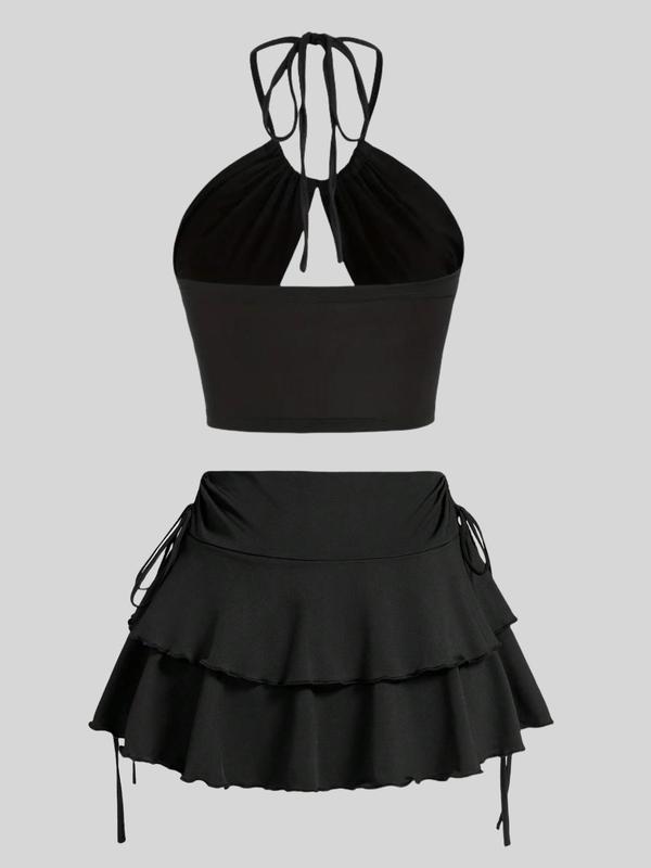 Women's Solid Ruched Tie Back Halter Top & Ruffle Skirt Set, Sexy Chic Backless Sleeveless Top & Tiered Layer Skirt, Ladies Summer Clothes for Beach Holiday Vacation, Womenswear 1