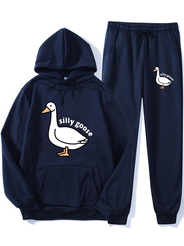 Two Pieces Men's Cartoon Goose Print Drawstring Two-Piece Set, Regular Fit Long Sleeve Pullover & Pocket Pants for Spring & Fall, Men's Outfits for Daily Wear 2