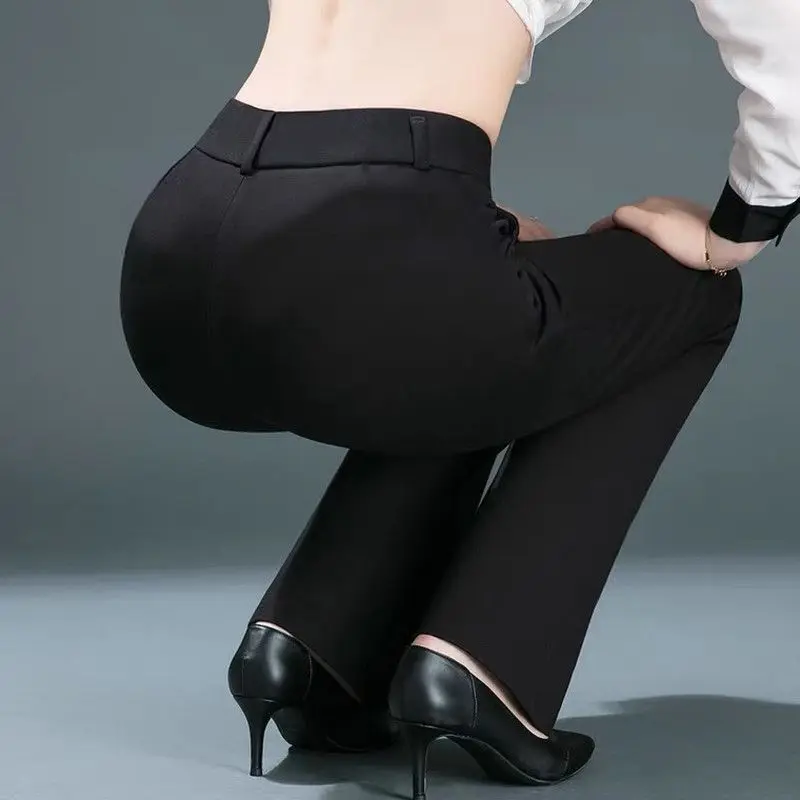 Quần Âu, Quần Công Sở Chuyên Nghiệp Cho Nữ, Mỏng, Cao Cấp, Co Giãn, Thích Hợp Cho Nhân Viên Văn Phòng, Cạp Cao, Màu Xanh Navy, Xếp Nếp Thẳng, Quần Có Nút Mới Women Pants