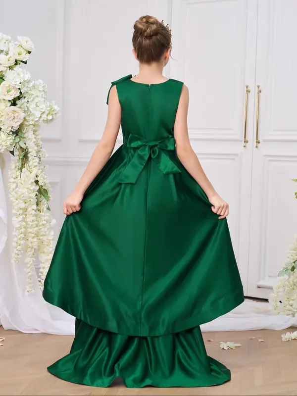 Girl's Floral Decor Mesh Bow Gown Dress, Elegant Formal Party Dress for School Performances & Evening Parties, Kids Clothes for Summer 4