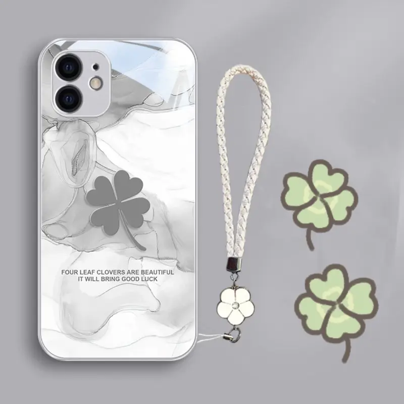Ốp Điện Thoại Cỏ Bốn Lá, Thiết Kế May Mắn, Tương Thích Với iPhone 14 Pro Max / 14 Plus / 13 Pro Max / 12Pro Max / 11 Pro Max / XS Max / XR, Ốp Điện Thoại Xu Hướng Chống Sốc, Chất Liệu Kính, Keo Mềm TPU 4