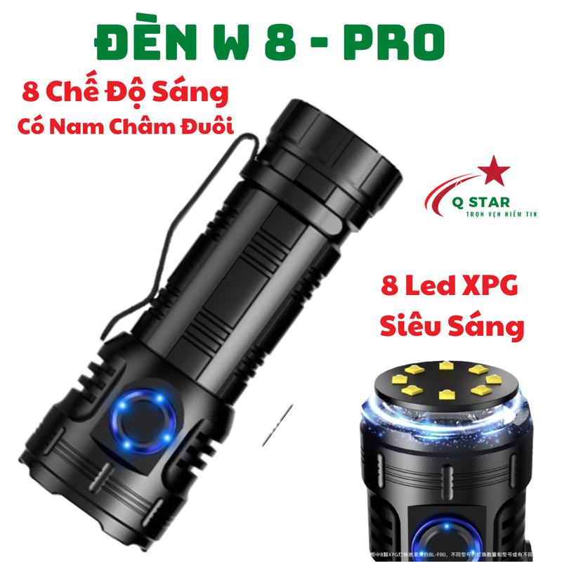Đèn Cầm Tay Mini W8 Pro Siêu Sáng Trang Bị 8 Led XPG Full Kim Loại Có Nam Châm Đuôi Sạc Type-C Kèm Pin 26650