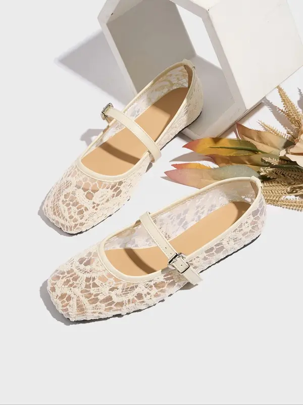 Women's Fashionable Lace Mary Jane Shoes, Casual Comfortable Breathable Flat Shoes for Summer, Female All-match Shoes for Daily Wear, Girl 1