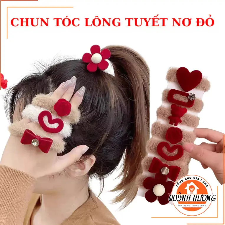 Combo Chun buộc tóc lông tuyết NƠ ĐỎ mềm, dễ thương cho mẹ và bé