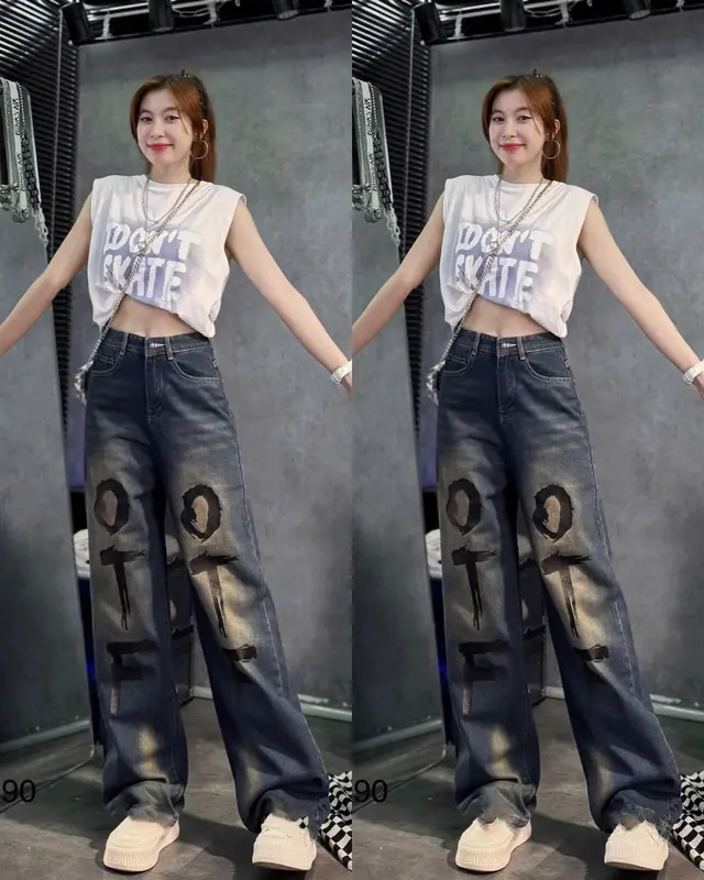 QUẦN JEANS NỮ XANH CẠP CAO KHÔNG GIÃN WASH LOANG MÀU BỤI VÀNG IN CHỮ SƠN ĐEN THỜI TRANG CÁ TÍNH Women Pants Có Túi Navy 5