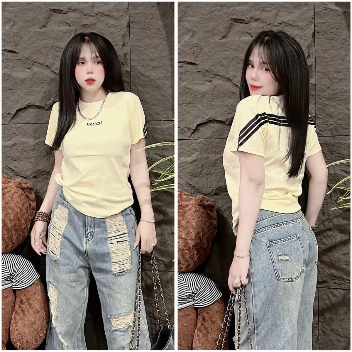 |A200|- Áo Thun Nữ [Sọc Vai Thêu Hello] Dáng Vừa Baby tee,Co Giãn Tốt,Women Cổ Tròn Top Cotton áothunnu Màu Đen