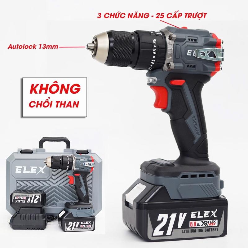 Máy Khoan Pin Elex 13mm- không chổi than Khoan pin 3 chức năng có búa bao gồm 2 pin 10cell và sạc bảo hành đầy đủ