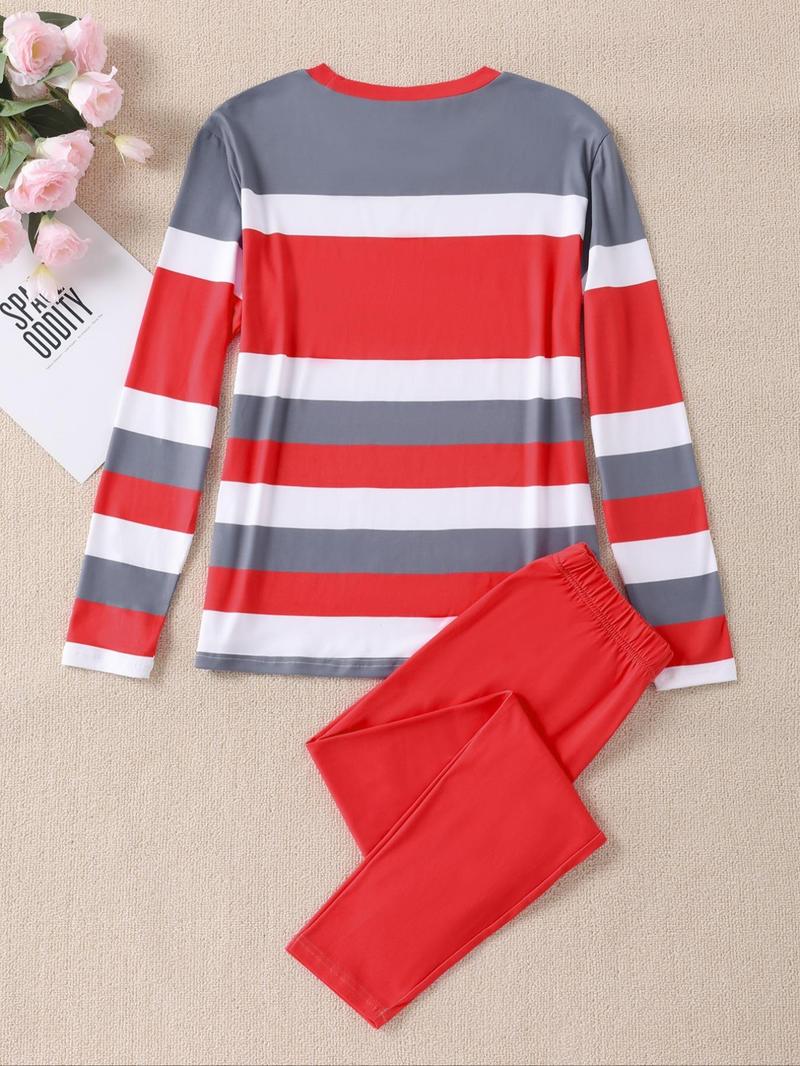 Product Introduction of Women's Striped Print Sweatshirt & Skinny Pants Two-piece Set, Casual Long Sleeve Round Neck Pullover & Leggings, Women's Fall & Winter Clothes for Daily Wear 6