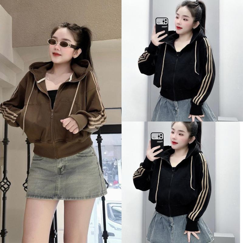 ÁO khoác Nỉ Phối Viền Sọc Thời Trang, Có NÓN, Túi Trong, Cho Nữ
