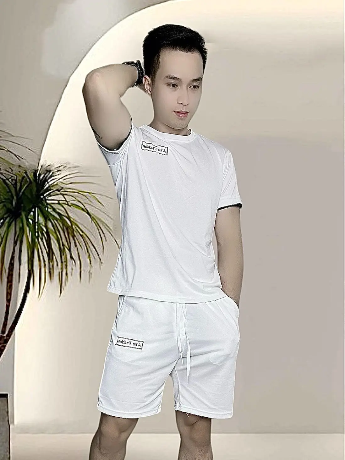 Bộ, Aka Fashion Bộ Quần Áo Cổ Tròn Vải Cotton Cá Sấu Co Giãn 4 Chiều Với Logo Thêu Kèm Phối Màu Đơn Giản Dễ Mặc + Đẹp Mắt Nam Kem Trắng