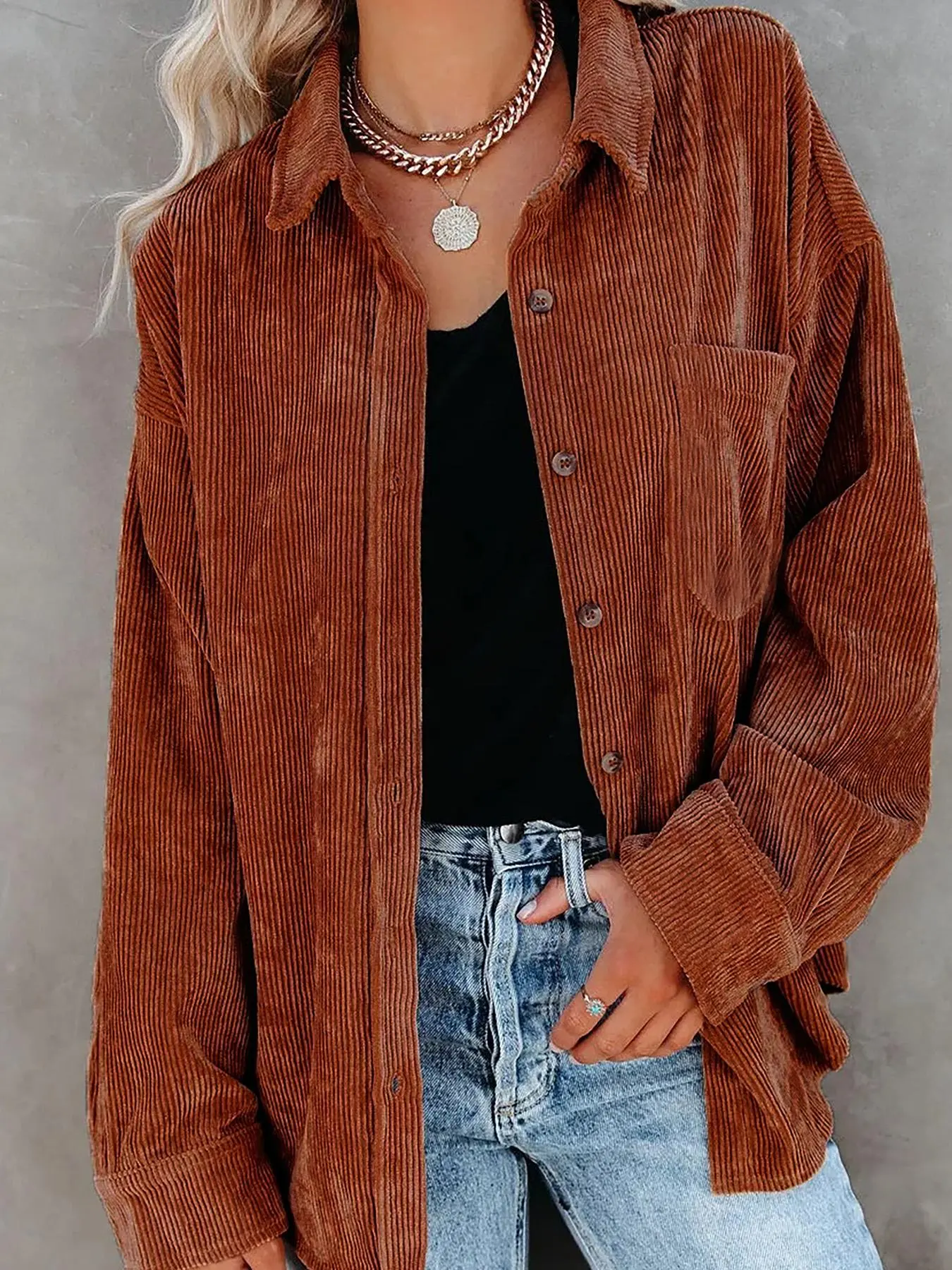 Women's Textured Pocket Button Front Corduroy Jacket, Porteaportefashion Jackets for Women, Casual Long Sleeve Collared Button Up Outerwear, Women's Clothes