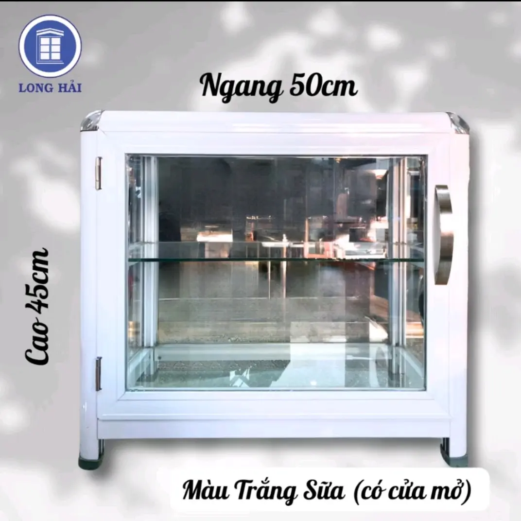 [ Có cửa mở ]  Tủ bán hàng ăn , chất liệu nhôm kính, kích thước    50cm x 30cm x 45cm , màu trắng sữa