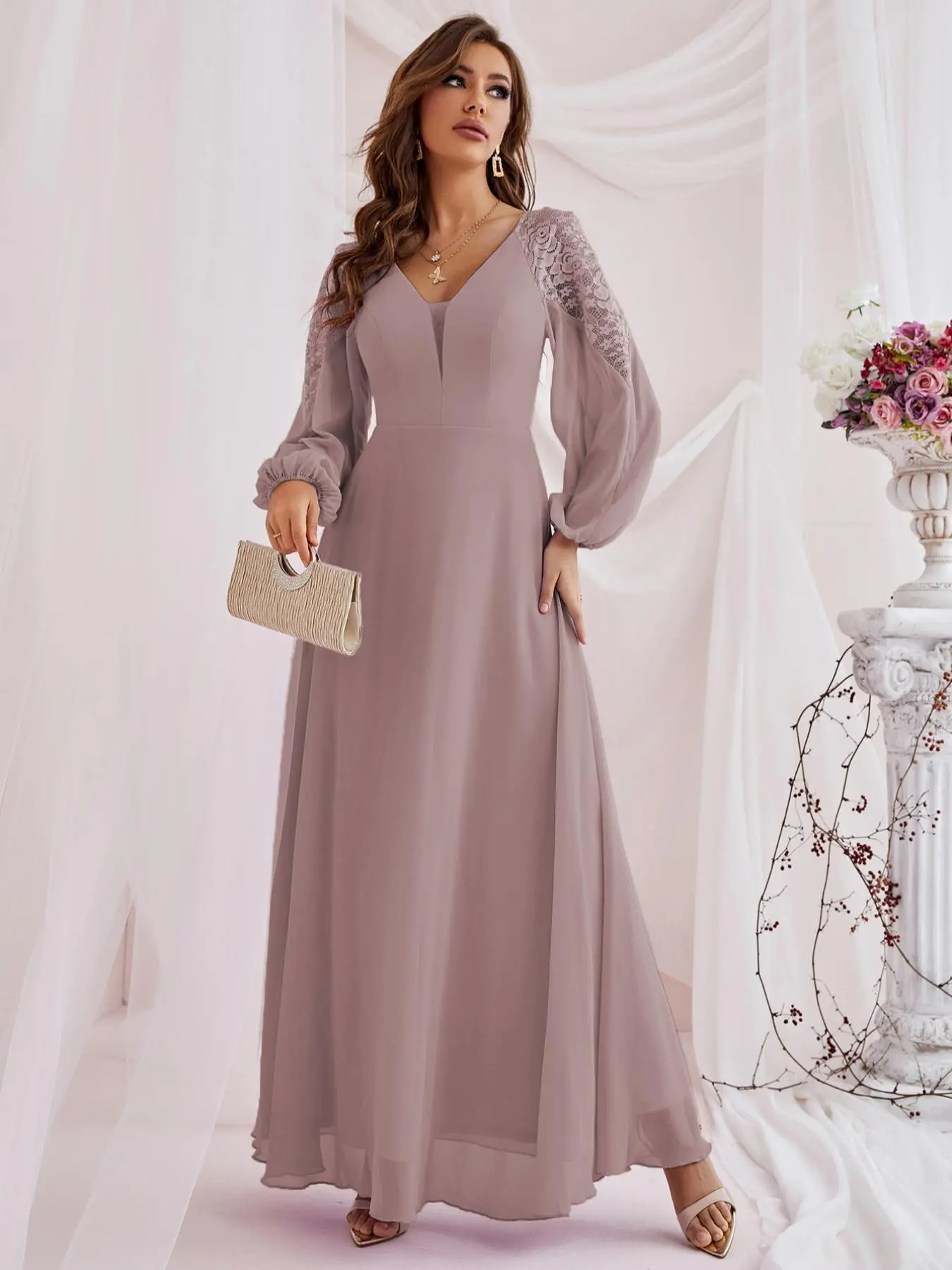 Women's Contrast Lace V Neck Contrast Mesh A Line Dress, Holiday Outfits 2024 Elegant Bishop Sleeve Long Sleeve Chiffon Bridesmaid Dress For Party Wedding Guest, Ladies Spring & Fall Clothes, New Luxury Wedding Dress