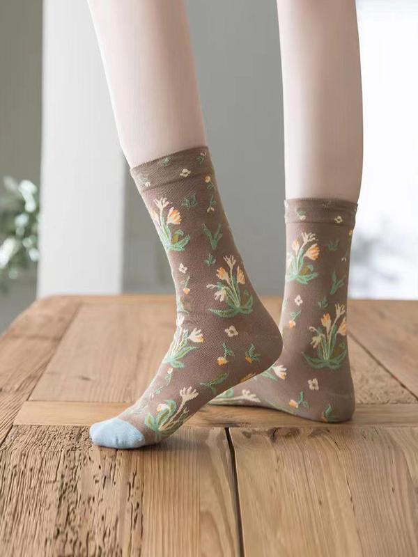 Women's 4 Pairs Animal & Floral Print Crew Socks, Casual Fashion Street Comfy Socks For Daily Vacation Party, Women's Socks For All Seasons 3
