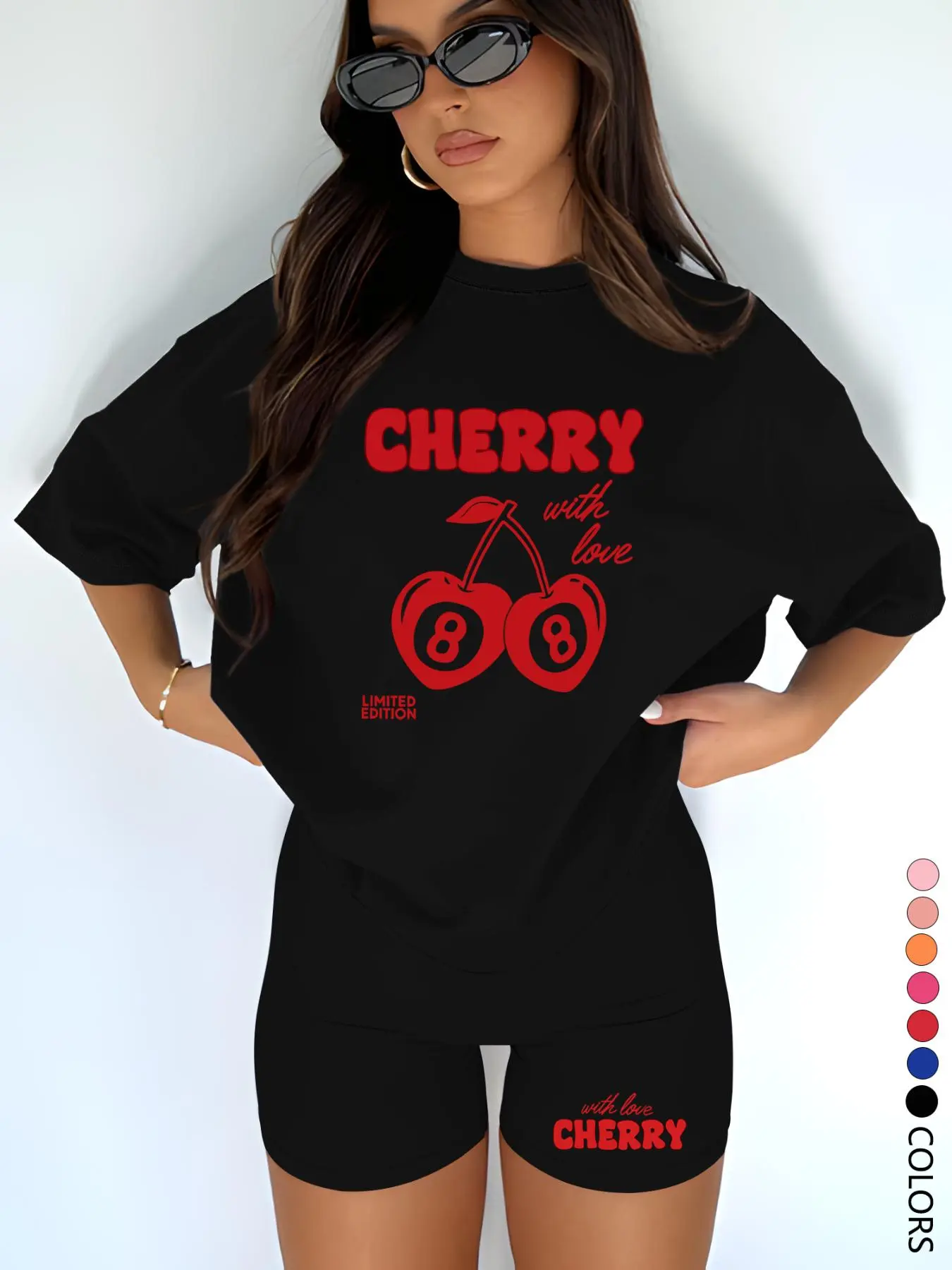 Two-Piece Set Women's Cherry Print Short Sleeve T-shirt & Skinny Shorts, Casual Fashion Round Neck Tee & Shorts for Daily Outdoor Wear, Ladies Clothes for All Seasons, Suits