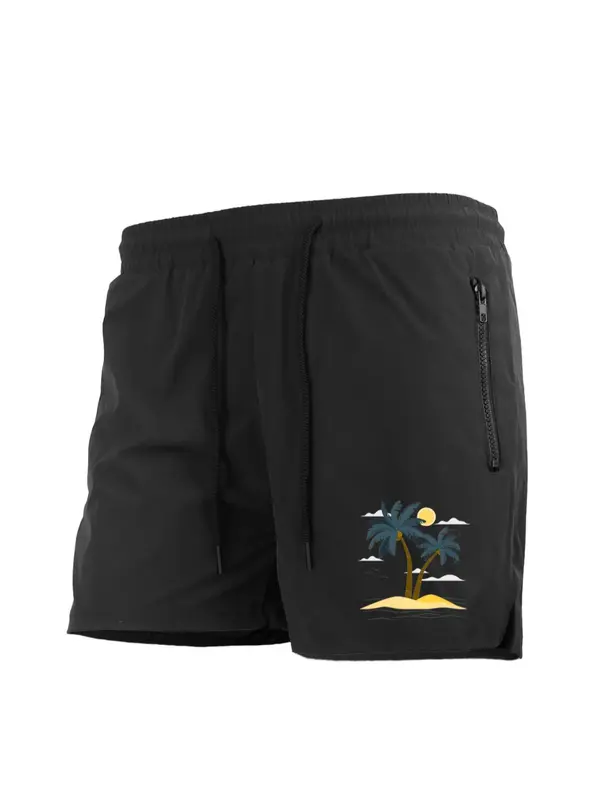 Men's Regular Fit Palm Tree Print Zipper Side Pocket Beach Shorts, Casual Breathable Quick Drying Swim Shorts for Summer, Men's Shorts for Beach Vacation 1