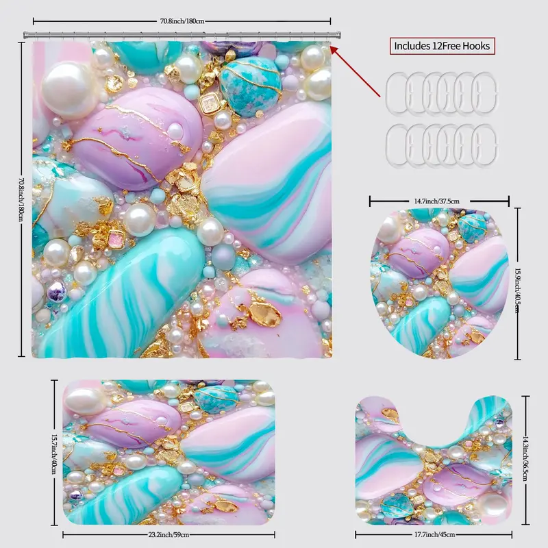Gem Series Shower Curtain Set, 4 Counts/set Including Shower Curtain & Toilet Lid Cover & Rectangular Mat & U-shaped Mat, Bathroom Decor Supplies 1