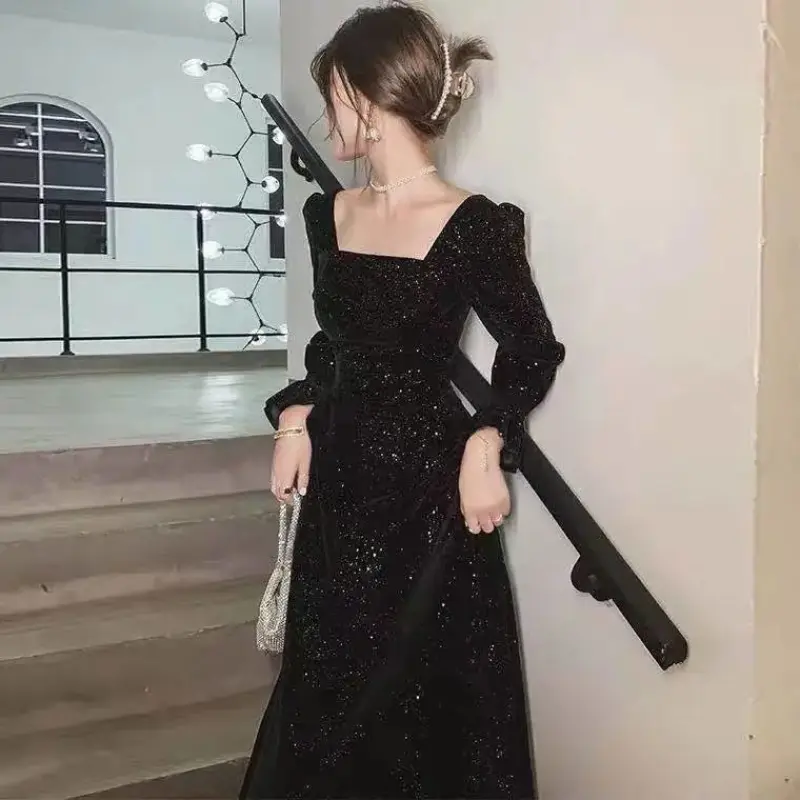 Bộ Đồ Ăn, Hàng Mới Về Mùa Thu Và Mùa Đông, Dài Và Thanh Lịch, Cổ Vuông, Váy Màu Đỏ Rượu Vang, Eo Bó Sát, Thích Hợp Mặc Hàng Ngày, Phong Cách Thanh Lịch 6