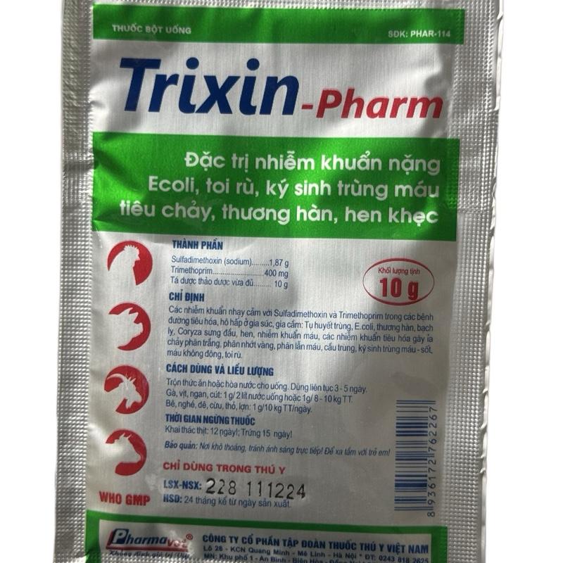 TRIXIN gói 10g .trị ký sinh trùng máu, ốm lường, khô chân, mặt tái, phân xanh, phân trắng, đầu đen, cầu trùng, Coryza. Thuốc bổ cho gia cầm