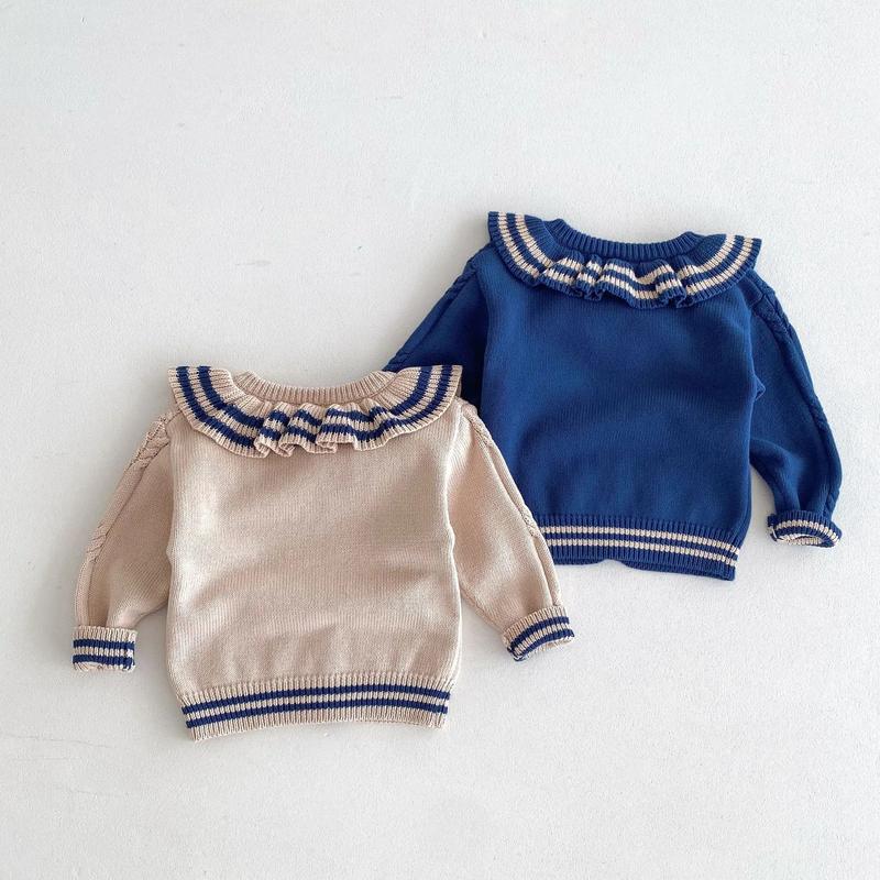 Product Introduction of Ins 2024 Autumn Baby Girls Knit Cardigan Sweater Lotus Collar Ruffle Line Collar Children Winter Solid Thicken Warm Knitwear Top 12