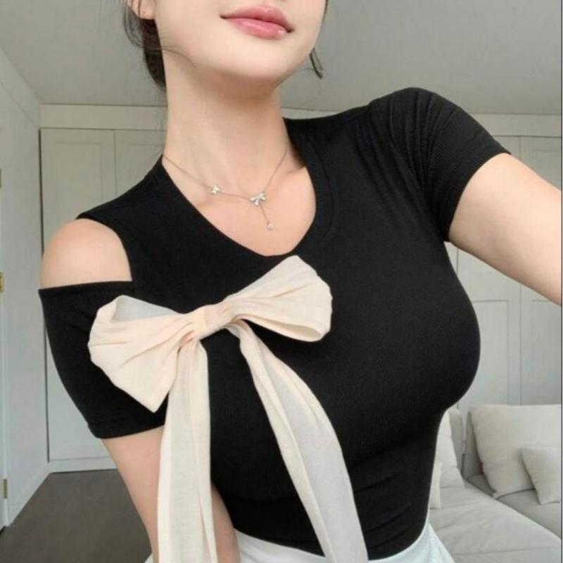 Áo thun croptop ôm body nơ xinh xắn bigsize 45-95kg AT38 Nữ Women Dáng Ngắn  Nhung Cotton a ot áo  cộc len tăm