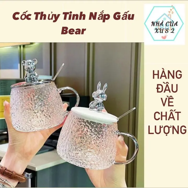 COMBO 2 Cốc Thủy Tinh Nắp Nhựa Gấu Bear chịu nhiệt cao  Ly Thủy Tinh Chịu Nhiệt Lên Đến 150 độ cốc cốc