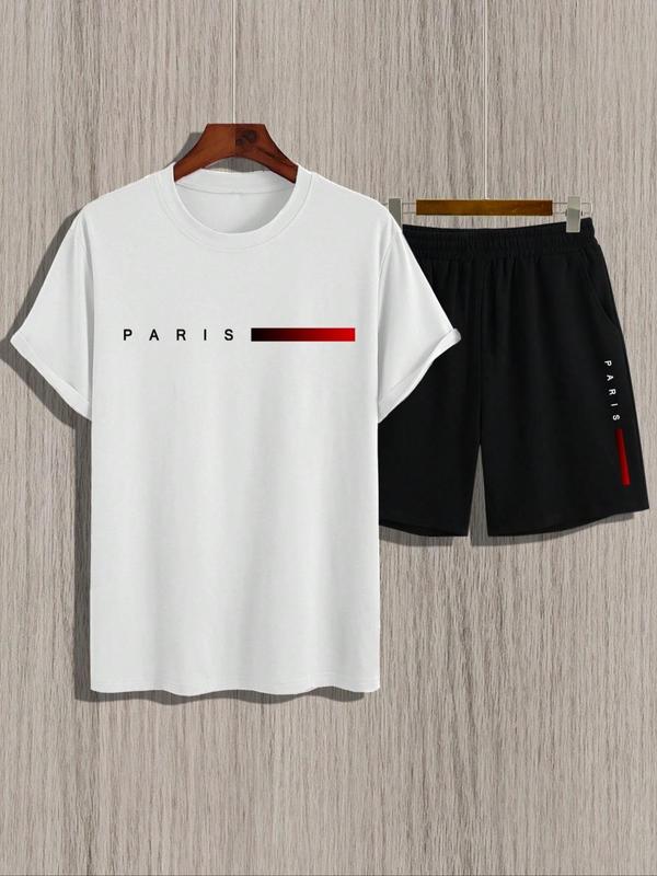 Men's Plus Size Letter Print Short Sleeve Tee & Pocket Shorts Set, Regular Fit Round Neck T-Shirt & Track Shorts, Casual Fashion Cozy Breathable Men Two-Piece Outfits For Summer 5