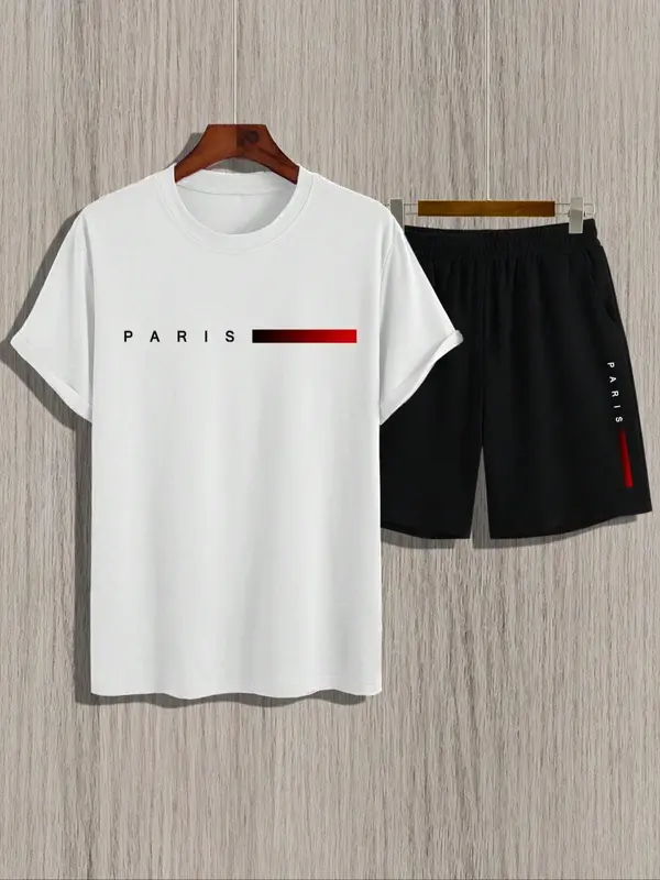 Men's Plus Size Letter Print Short Sleeve Tee & Pocket Shorts Set, Regular Fit Round Neck T-Shirt & Track Shorts, Casual Fashion Cozy Breathable Men Two-Piece Outfits For Summer, Clothes 5